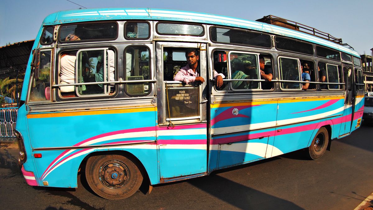 Fisheye lens shot of a bus in India