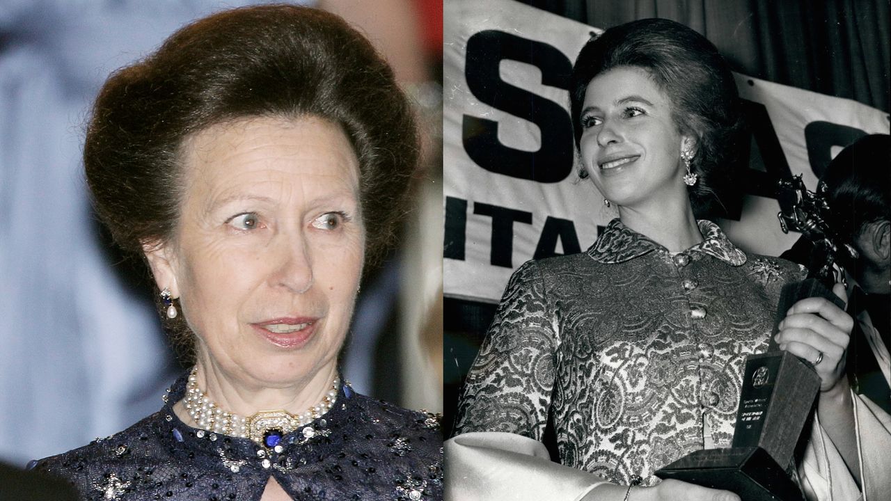 Princess Anne wearing a pearl choker in 2011 next to a photo of her holding a trophy in a black and white photo from 1971