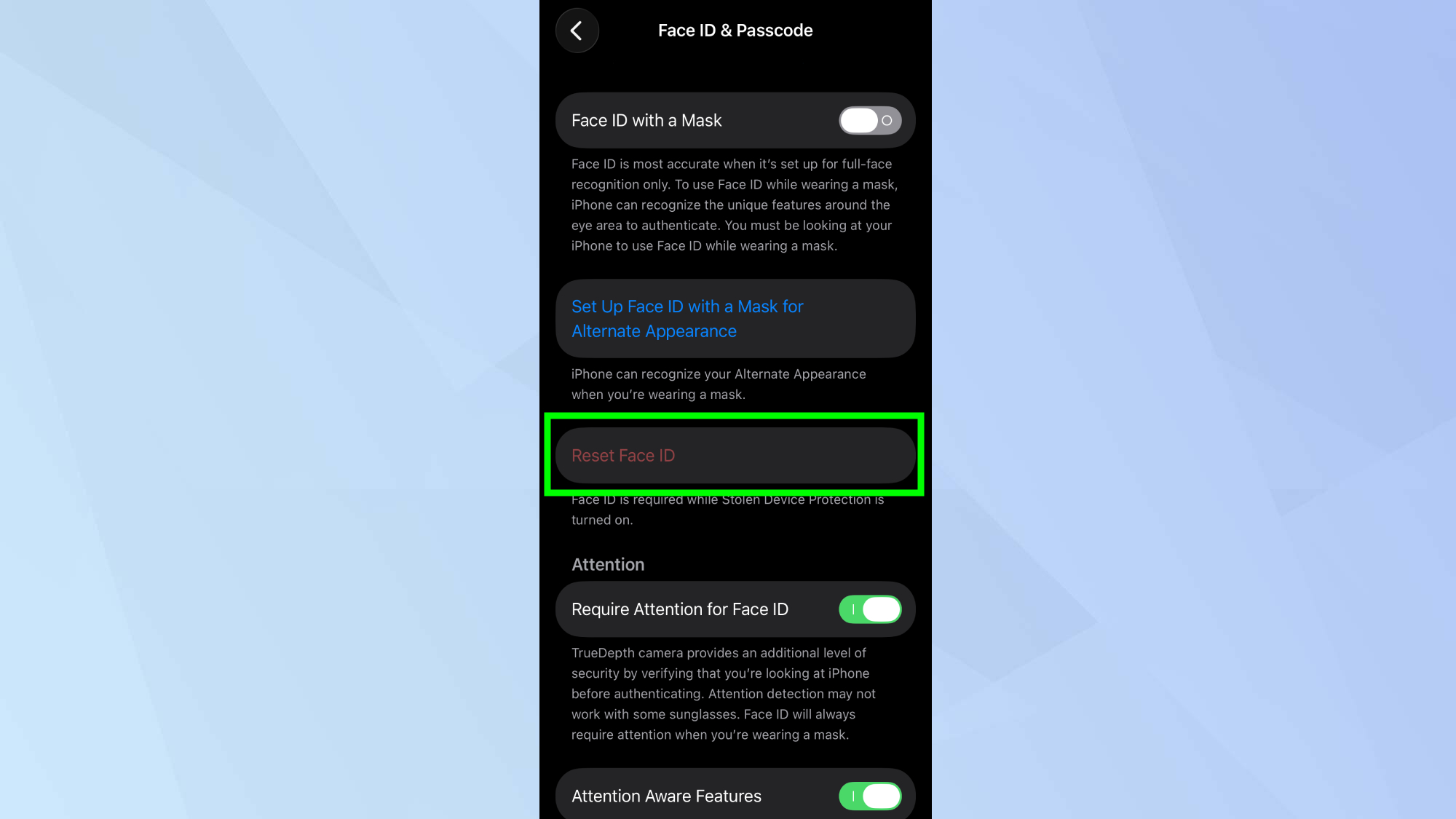 Reset Face ID in iPhone Settings 