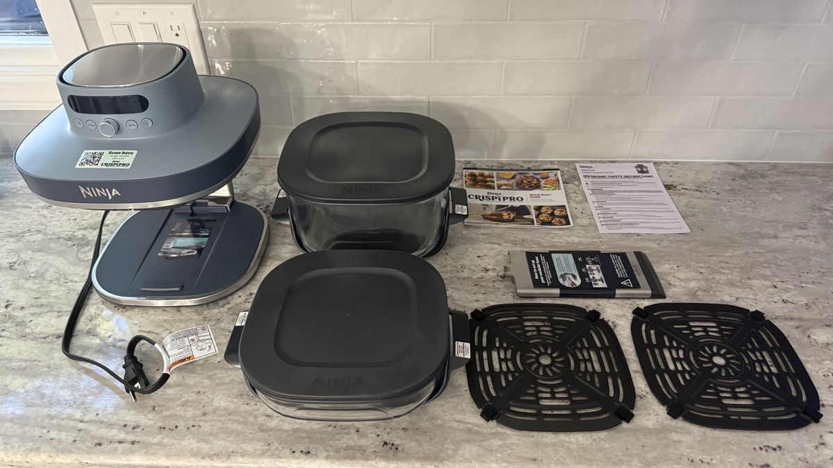 Ninja Crispi Pro 6-in-1 Countertop Glass Air Fryer all parts flat lay