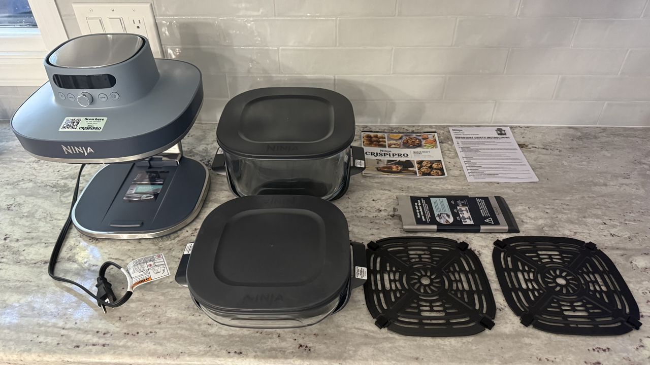 Ninja Crispi Pro 6-in-1 Countertop Glass Air Fryer all parts flat lay