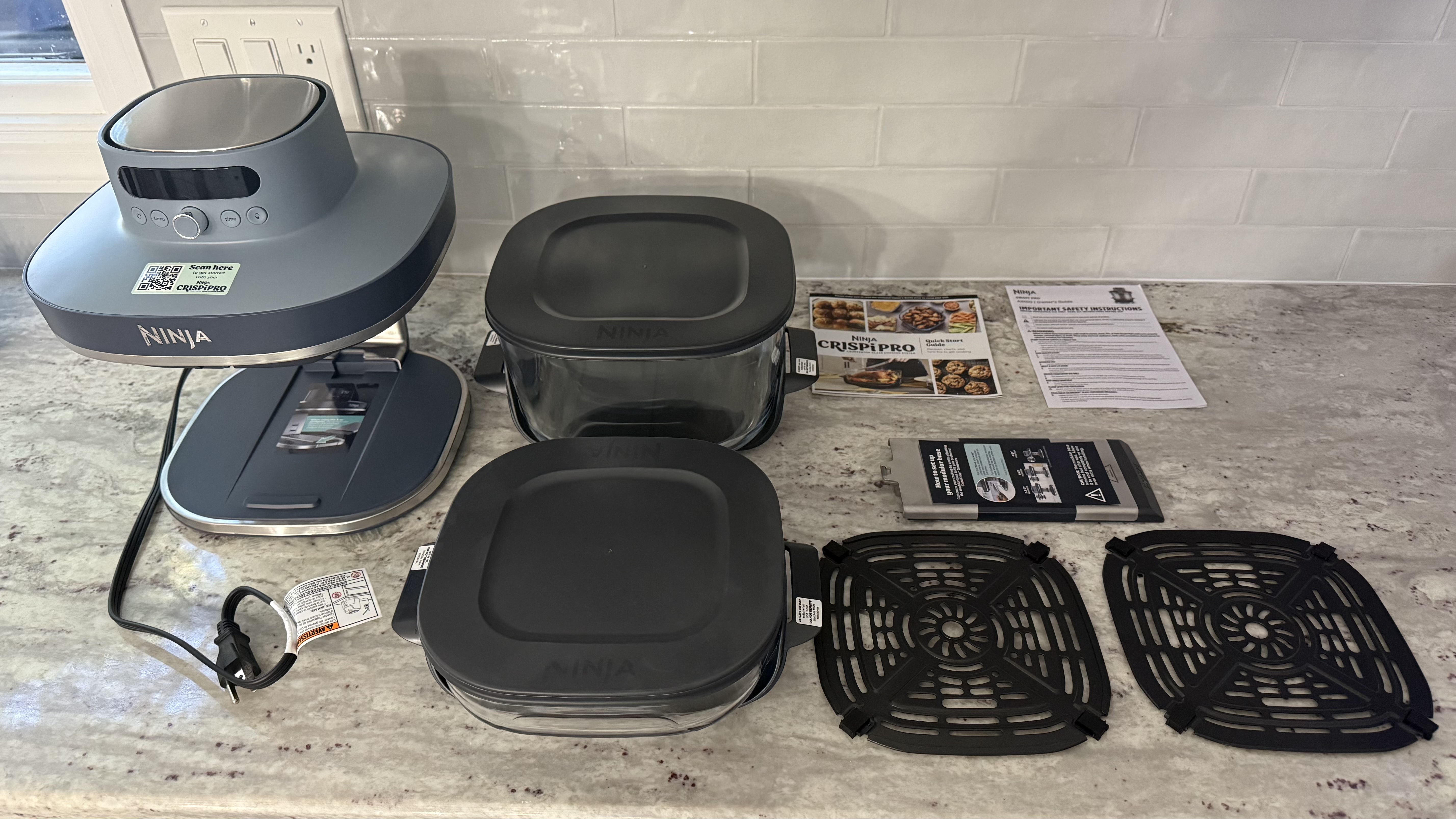 Ninja Crispi Pro 6-in-1 Countertop Glass Air Fryer all parts flat lay