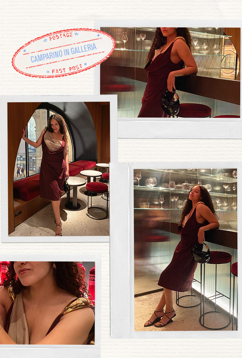 a collage of an editor's outfit for a night out in Milan at Camparino in Galleria wearing a red suede dress with a black bag and black wedges