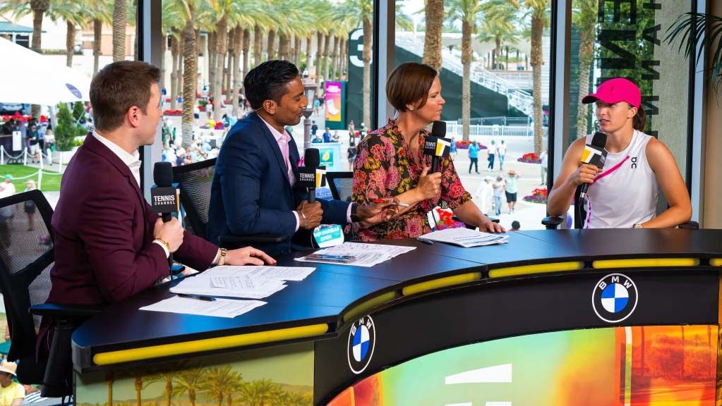 Iga Swiatek of Poland visits the Tennis Channel studio after defeating Maria Sakkari of Greece in the womens singles final of the BNP Paribas Open at Indian Wells Tennis Garden on March 17, 2024