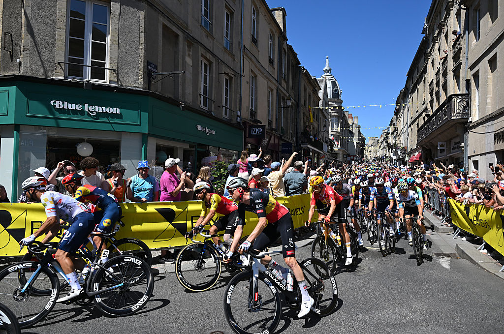BAYEUX, FRANCE - JULY 10: (L-R) Bryan Coquard of France and Team Cofidis, Tim Wellens of Belgium and UAE Team Emirates - XRG, Magnus Cort of Denmark and Team Uno-X Mobility, Maximilian Schachmann of Germany and Team Soudal Quick-Step and a general view of the peloton prior to the 112th Tour de France, Stage 6 a 201.5km stage from Bayeux to Vire Normandie / #UCIWT / on July 10, 2025 in Bayeux, France. (Photo by Tim de Waele/Getty Images)