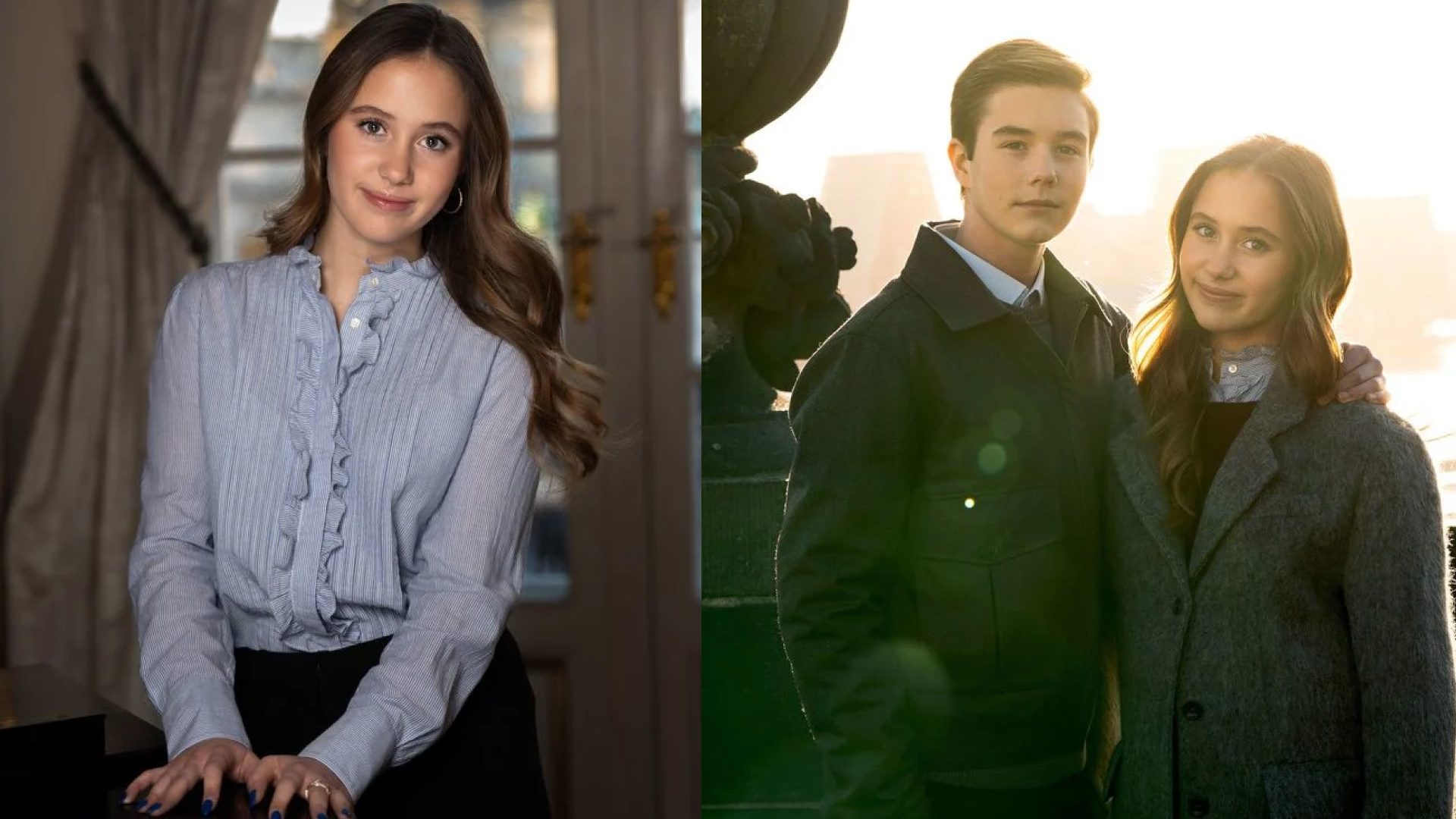 Princess Josephine wearing a blue blouse and posing with her hands on a table; Prince Vincent and Princess Josephine wearing coats and smiling at sunset