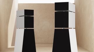 Goldmund Theia Passive speakers in a sand-colored space