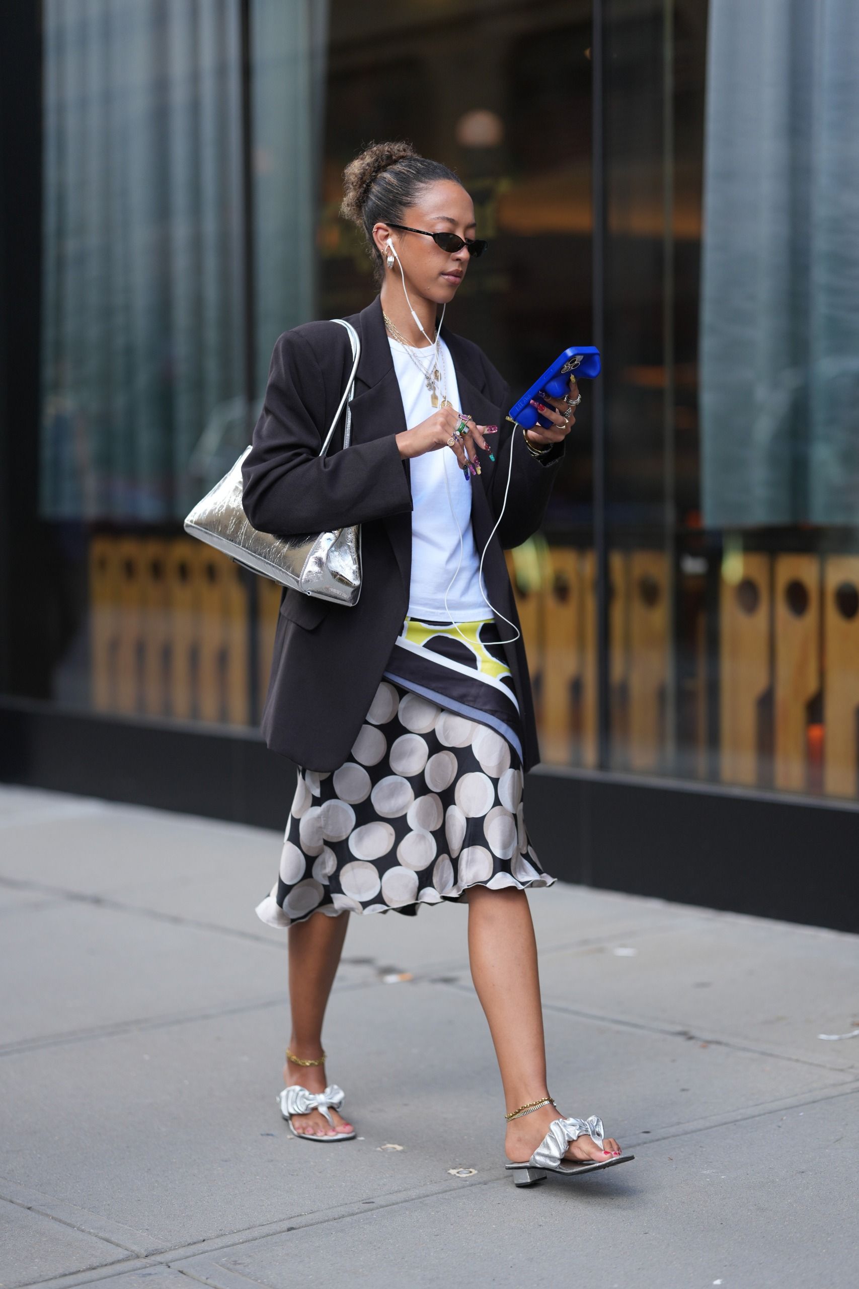 A guest wore the statement skirt trend at New York Fashion Week 2026