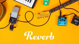 different musical instruments and pedals against a bright orange/yellow background, with the word Reverb at the center