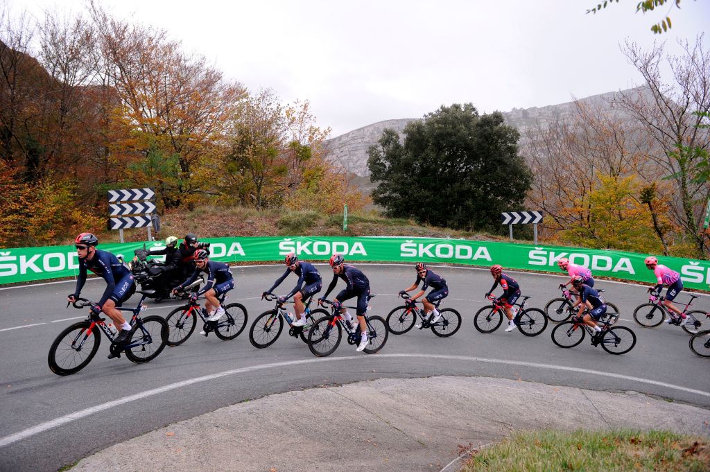 The pack climbs the Orduna mountain pass during the 7th stage of the 2020 La Vuelta cycling tour of Spain a 1597 km race from VitoriaGasteiz to Villanueva de Valdegovia on October 27 2020 Photo by ANDER GILLENEA AFP Photo by ANDER GILLENEAAFP via Getty Images