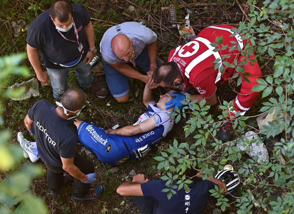 Remco Evenepoel fell about 10 metres into a river bed