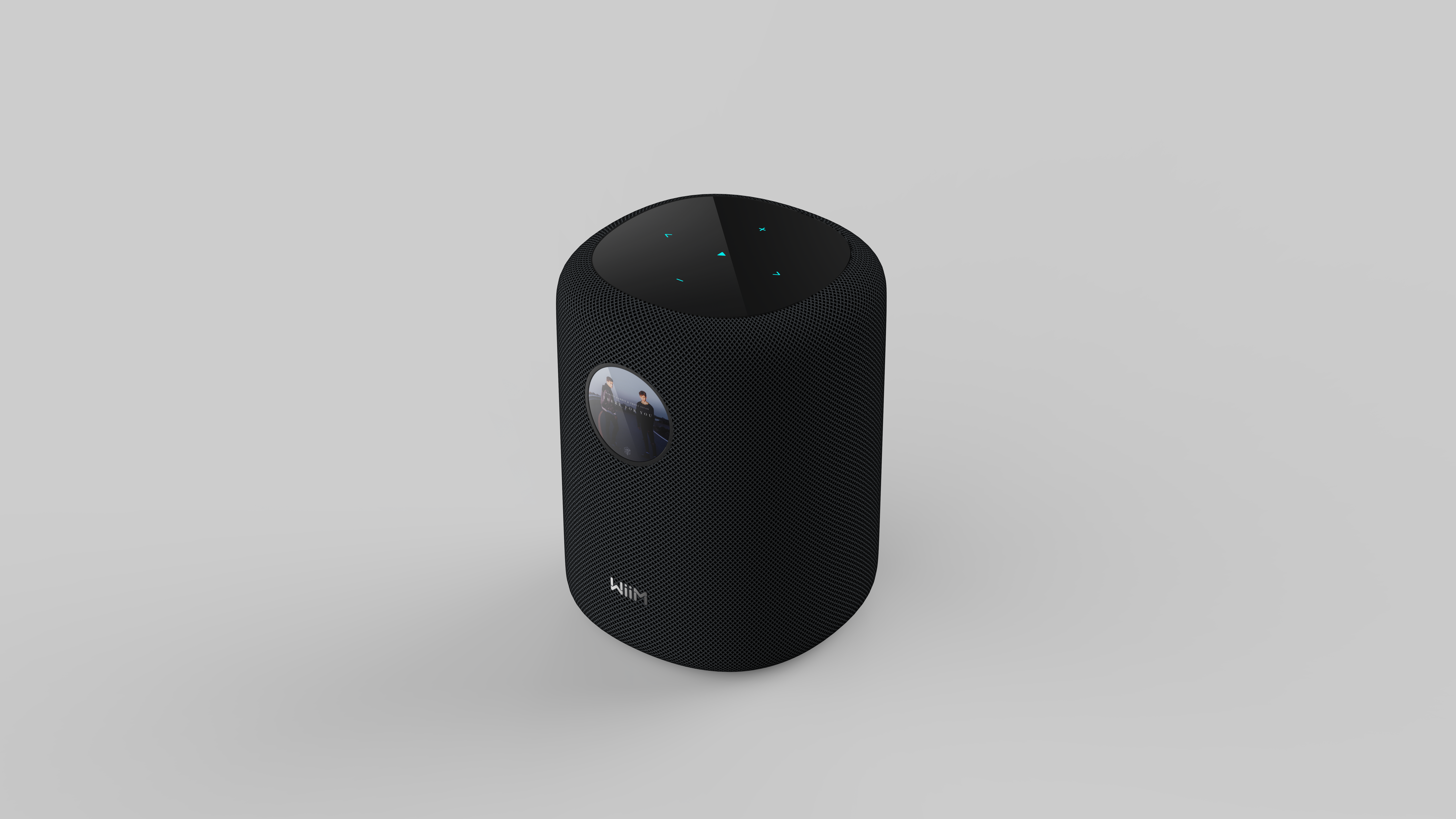 WiiM Sound smart speaker in black finish against grey background