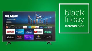 Black Friday 2022 TV Deals composite image showing a TV screen on a green background, which leads our Black Friday 85-inch TV deals guide