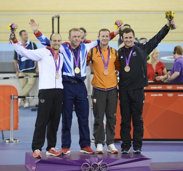Men's Keirin Olympic podium: Maximilian Levy (Germany), Chris Hoy (Great Britain), Teun Mulder (Netherlands) and Simon van Velthooven (New Zealand)