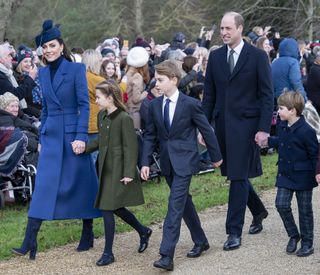 Catherine, Princess of Wales (L) and Prince William, Prince of Wales (2nd R) with Prince Louis of Wales (R), Prince George of Wales (C) and Princess Charlotte of Wales (2nd L) attend the Christmas Day service at St Mary Magdalene Church on December 25, 2023 in Sandringham, Norfolk.