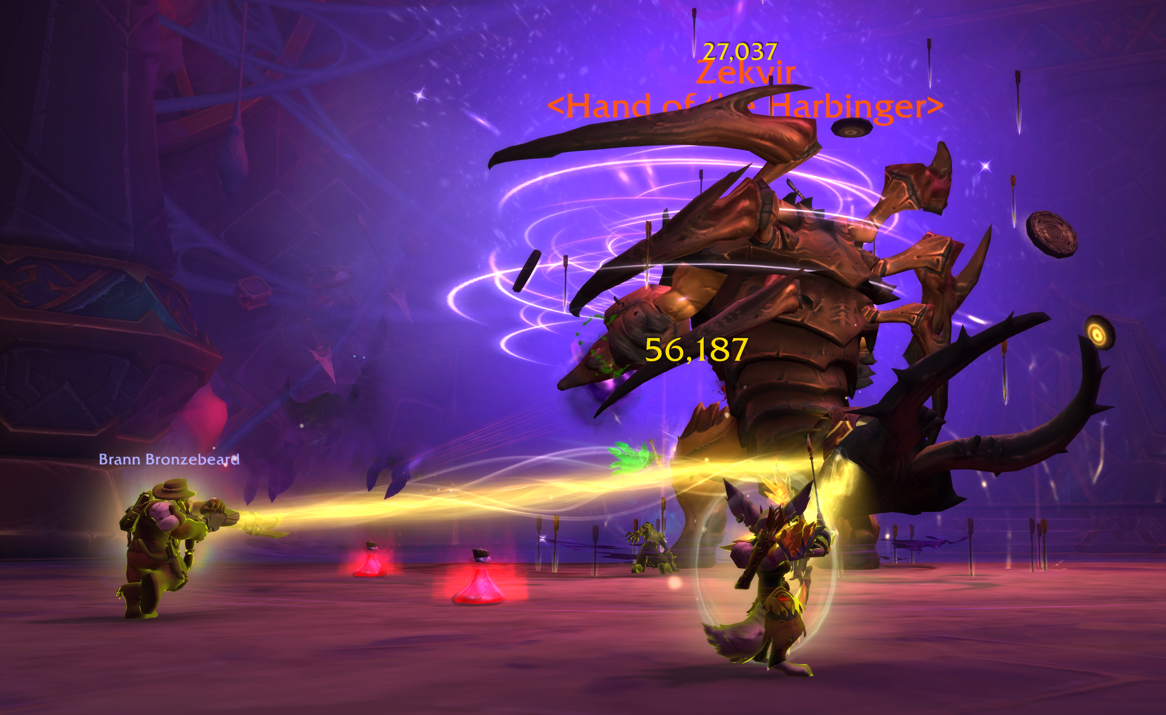 The War Within screenshot with Brann and Vulpera character fighting the spiney Zekvir with a purple aura