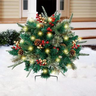 Lighted Artificial Christmas Urn Filler (pre-Lit Xmas Pine Trees) With 60 Led Lights, Holiday Planter Filler, Outdoor Christmas Decorations, Red & Golden Berries, Tripod Stake