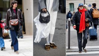 Three street style images of women wearing leopard print trainers