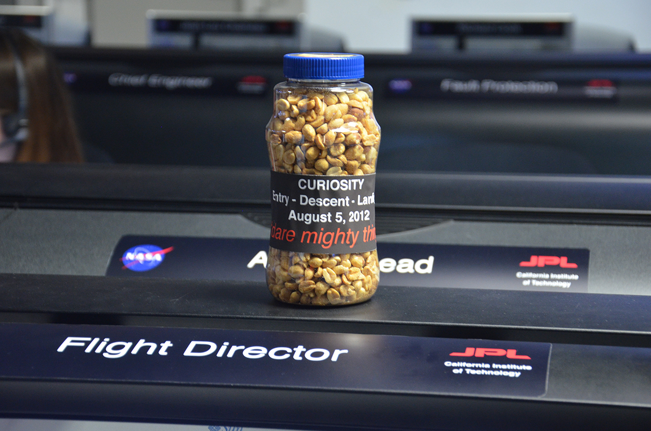 A bottle of peanuts, labeled in part &quot;dare mighty things,&quot; is ready and waiting for the landing of NASA&#039;s Curiosity rover on Mars on Aug. 5, 2012.