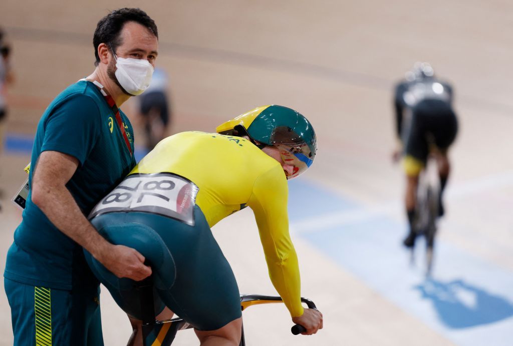 Australias Nathan Hart is pushed onto the track to compete in a heat of the mens track cycling sprint 132 finals repechages during the Tokyo 2020 Olympic Games at Izu Velodrome in Izu Japan on August 4 2021 Photo by Odd ANDERSEN AFP Photo by ODD ANDERSENAFP via Getty Images
