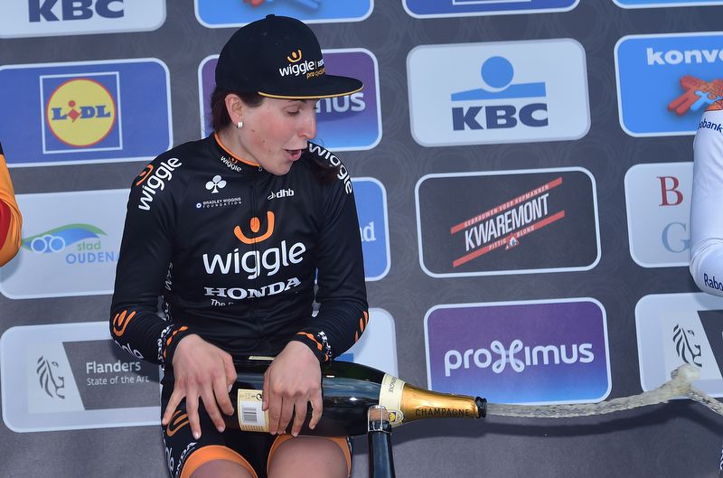 A sideways champagne celebration for Elisa Longo Borghini (Wiggle Honda)