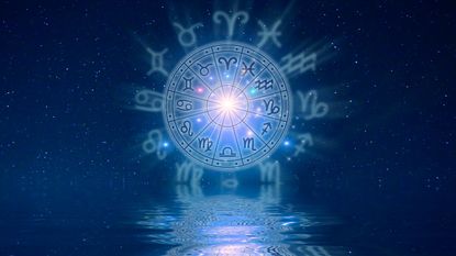 New Moon March 2022: Zodiac signs inside of horoscope circle. Astrology in the sky with many stars and moons astrology and horoscopes concept - stock photo