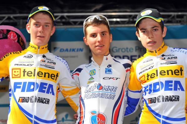 Junior men's podium: Daan Soete (Bel), Quentin Jauregui (Fra), Wout Van Aert (Bel)