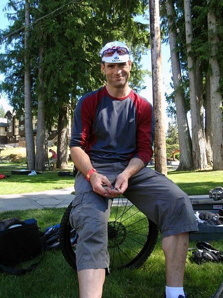 Jason Berry building his bike up the night before stage one.