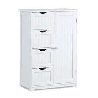 A white bathroom cupboard with four drawers and a cabinet