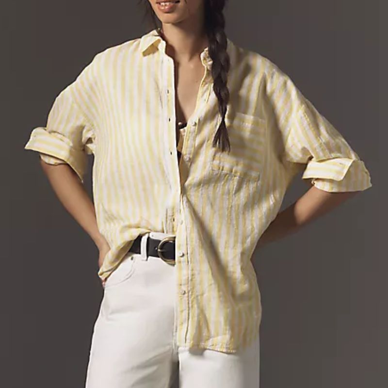 Helen Skelton's white and yellow striped button up from Anthropologie