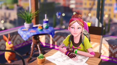 A screenshot from Park Beyond. A young lady named Blaize sits to the right with a sketch of a theme park ride on the table in front of her