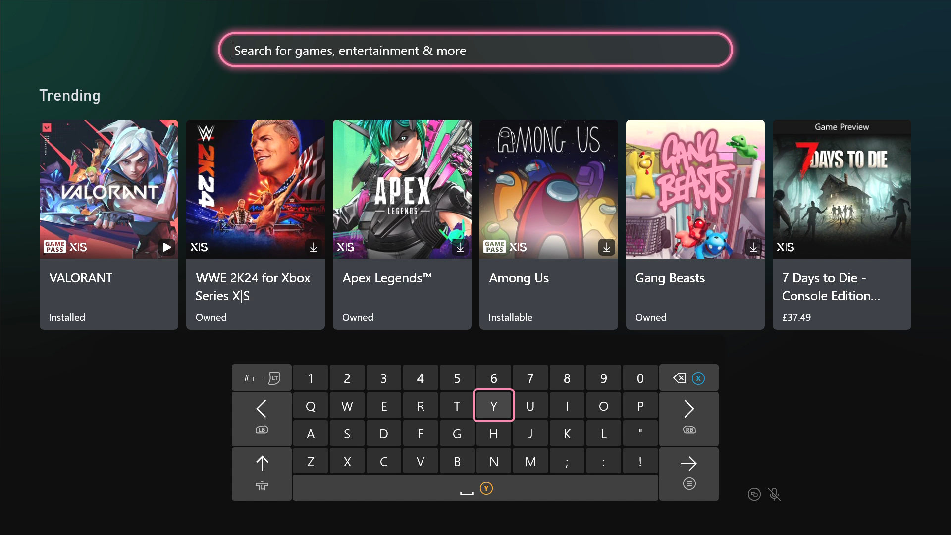 Xbox on-screen keyboard