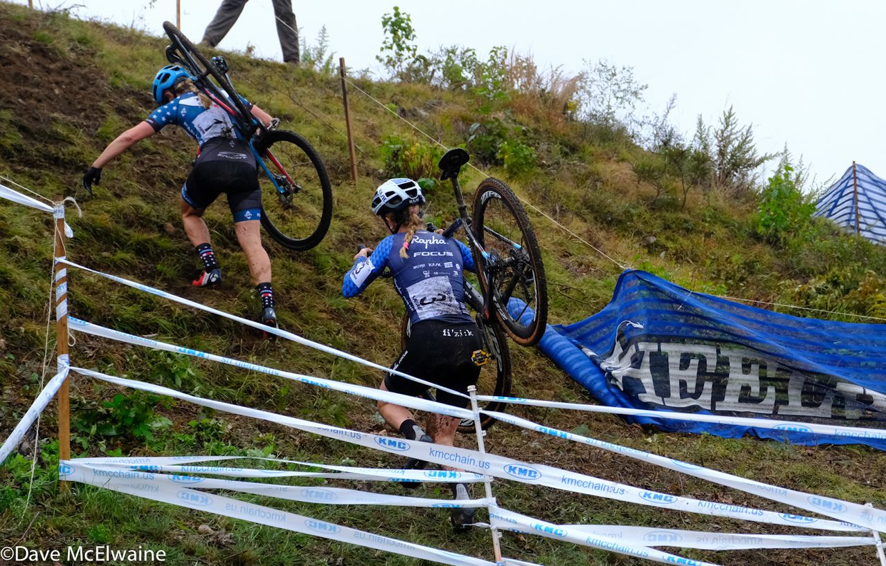 Katie Compton (Trek Panache) leading Ellen Noble up what appeared to be an impossible run-up