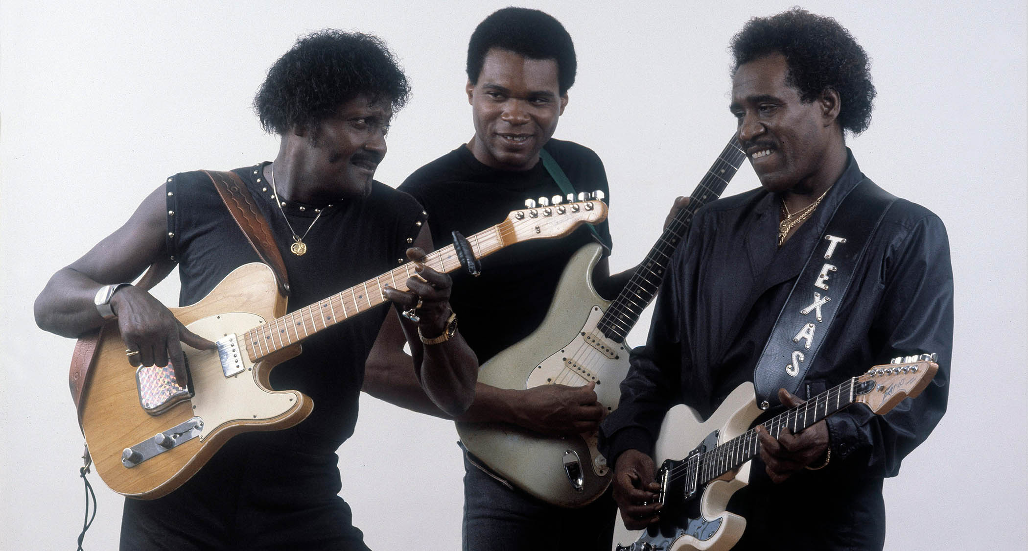 [From left] Albert Collins, Robert Cray, and Johnny Copeland are pictured with their guitars for the cover of their 1985 blues classic, Showdown!