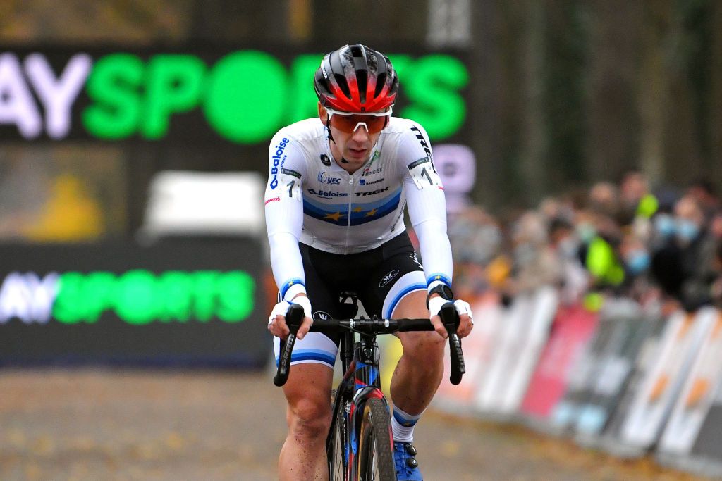 RIJKEVORSEL BELGIUM NOVEMBER 20 Lars Van Der Haar of Netherlands and Team Baloise Trek Lions reacts after crosses the finishing line during the 35th Superprestige Merksplas 2021 Mens Elite Superprestige2022 SPMerksplas on November 20 2021 in Rijkevorsel Belgium Photo by Luc ClaessenGetty Images