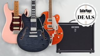 Comped image of three guitars next to a Boss amp