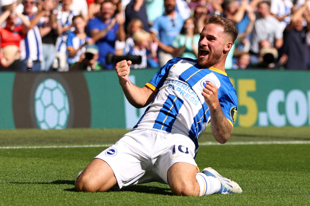 Alexis McAllister of Brighton & Hove Albion celebrates a goal later disallowed after a VAR decision during the Premier League match between Brighton & Hove Albion and Leicester City at the American Express Community Stadium on September 04, 2022 in Brighton, England.