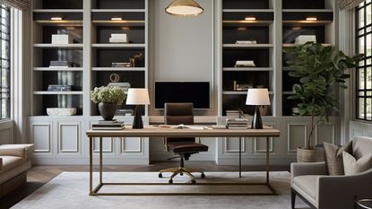 A modern rustic home office with a desk, chairs, and bookshelves. The walls are painted in a light gray color and the floors are made of hardwood. There is a large window that lets in natural light.