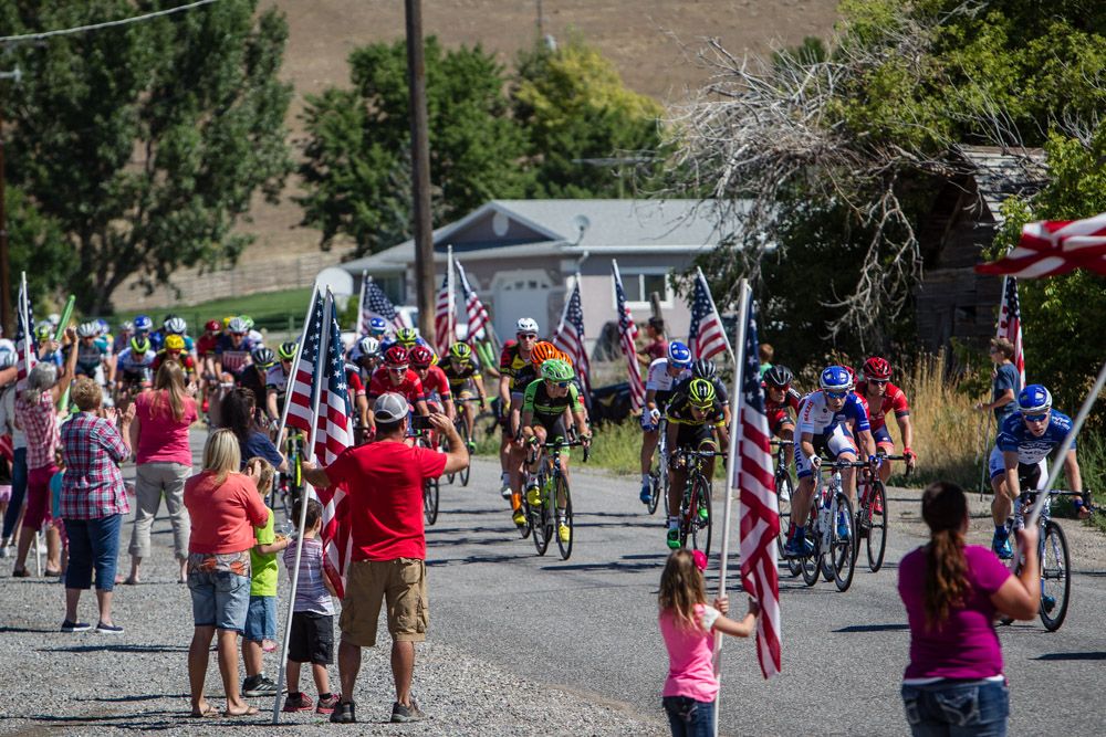 Fans line the course on the way out of Tremonton.