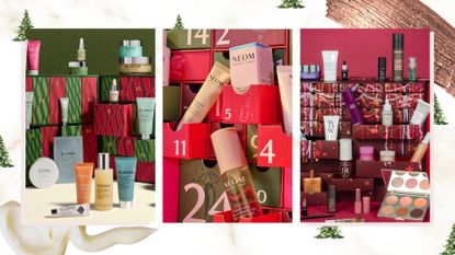 Three images of the best beauty advent calendars 2026 (L-R) from Elemis, NEOM and Boots, on a white and gold marble background with Christmas trees, cream and gold glitter eyeshadow swatch