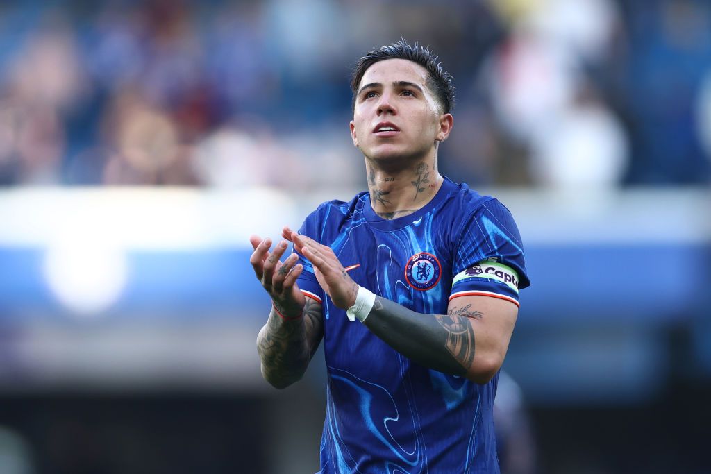 Enzo Fernandez of Chelsea applauds the fans after the team&#039;s victory during the Premier League match between Chelsea FC and Leicester City FC at Stamford Bridge on March 09, 2025 in London, England.