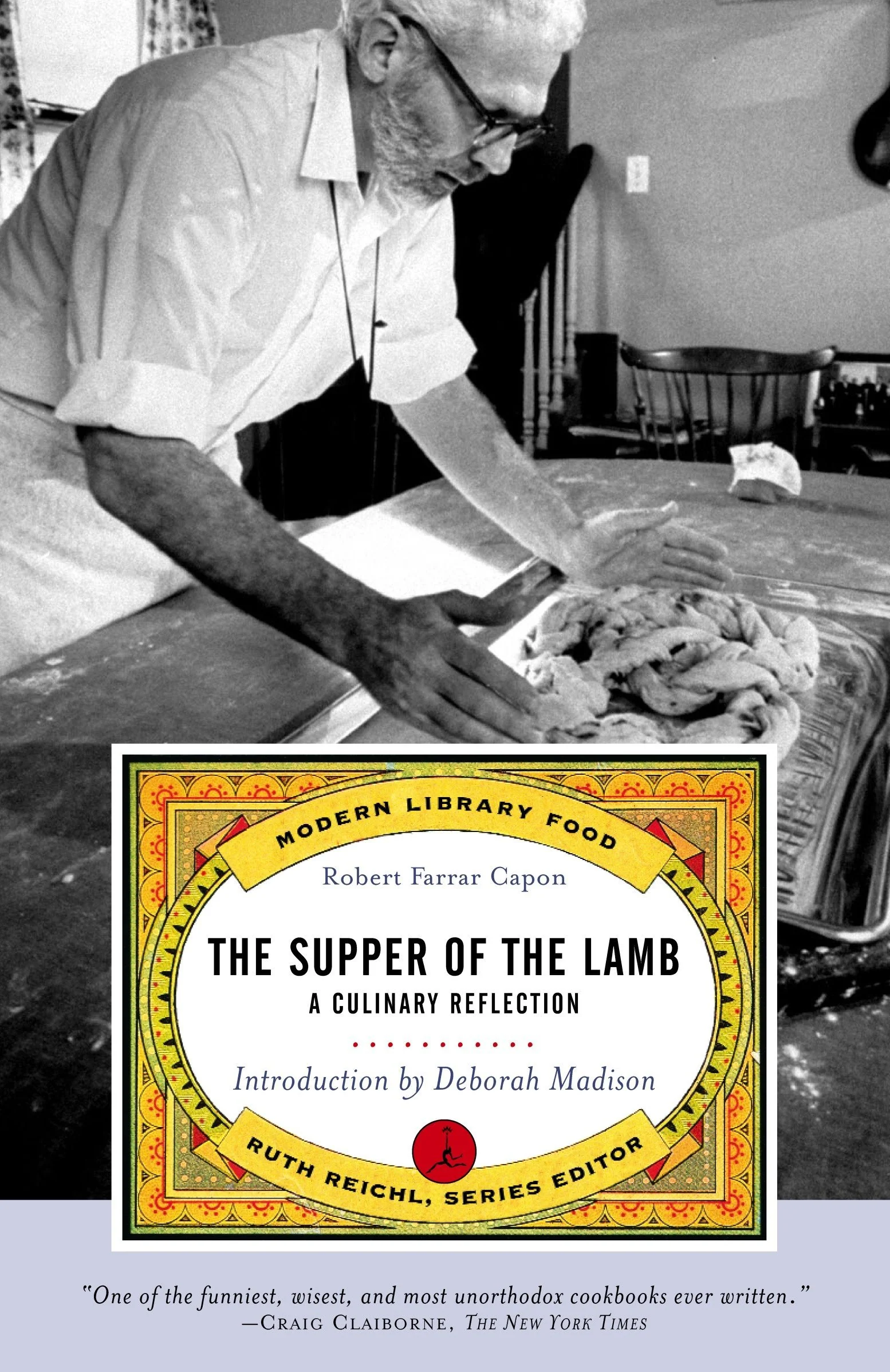 the cover of the book the supper of the lamb featuring a black and white photo of a chef making bread and the title in a design over top it