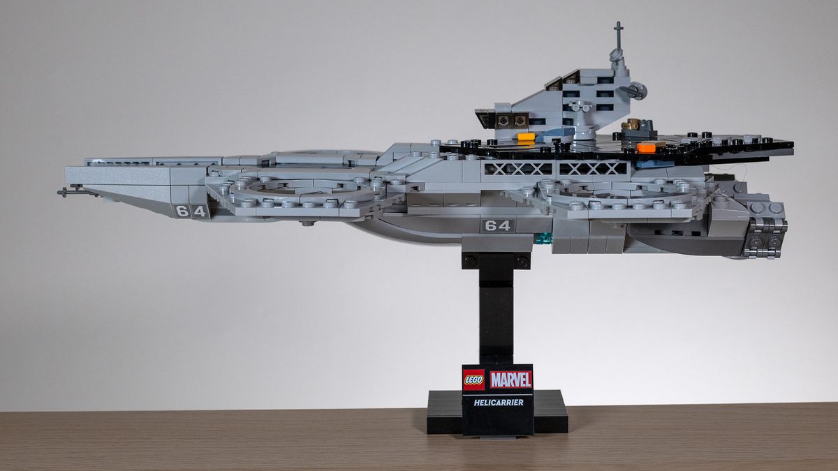 The Avengers Helicarrier (76295) side-on view on a neutral background