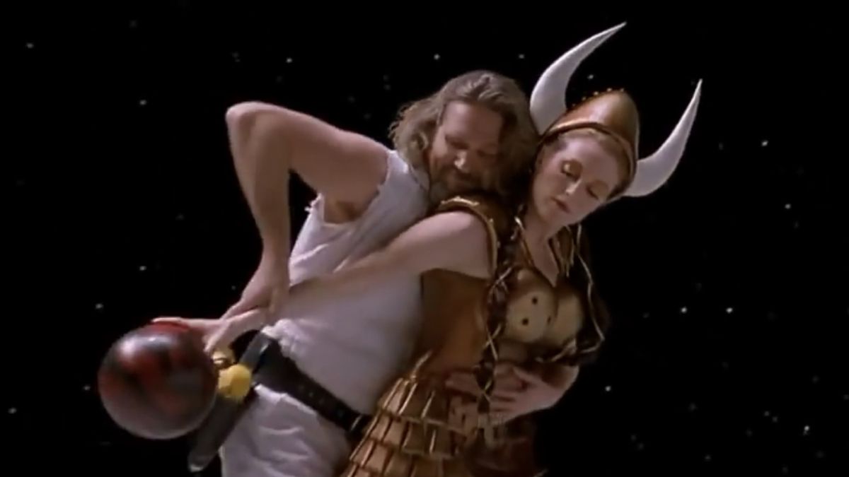 Jeff Bridges as The Dude and Julianne Moore as Maude Lebowski starring in the Gutterballs scene from The Big Lebowski