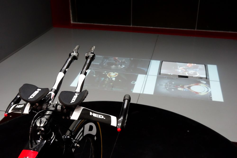 The rider&rsquo;s position and data is projected on the floor for the riders to see during testing. This helps the riders maintain their position and monitor their efforts.