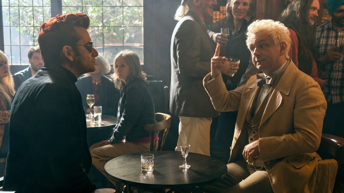 Crowley and Aziraphale at the pub in Good Omens season 2 episode 2