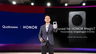 Honor CMO Ray Guo announcing the Honor Magic 7 Pro on stage at Snapdragon Summit