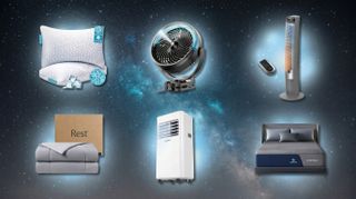 A collage featuring cooling sleep gadgets and mattresses