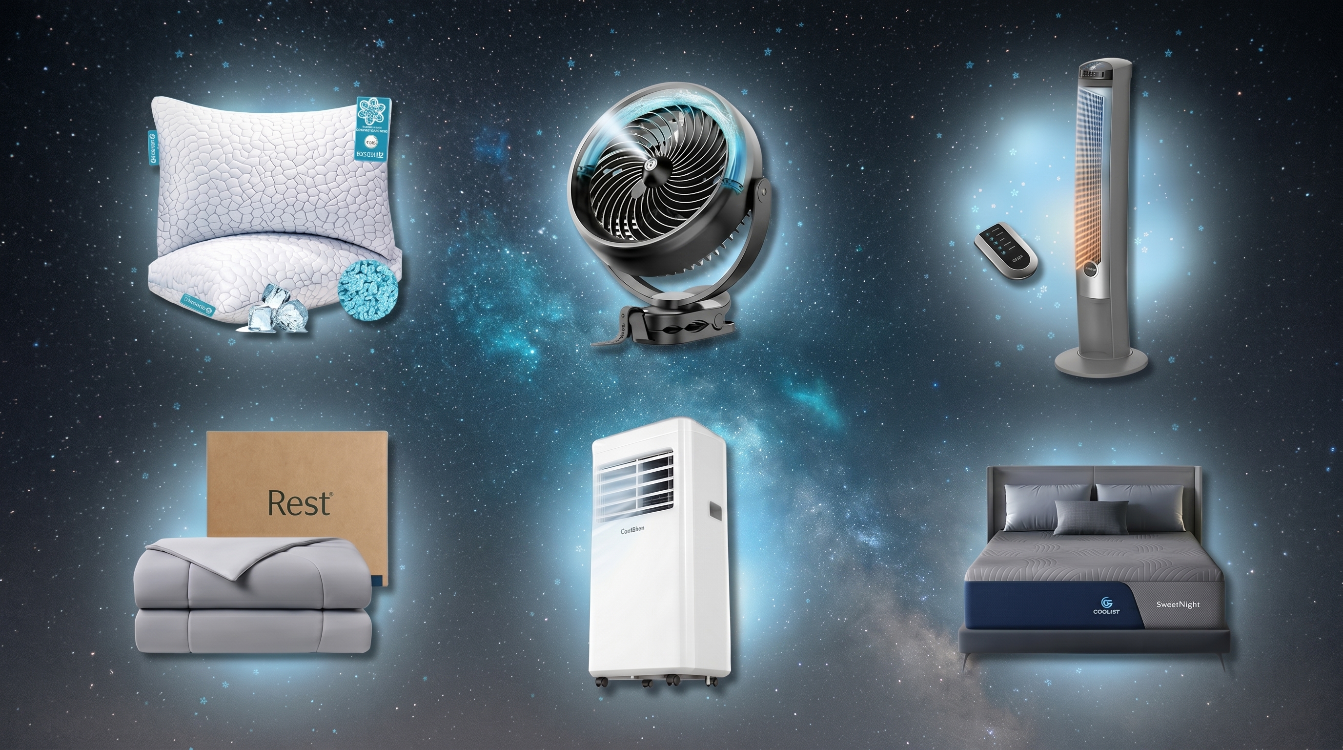 A collage featuring cooling sleep gadgets and mattresses