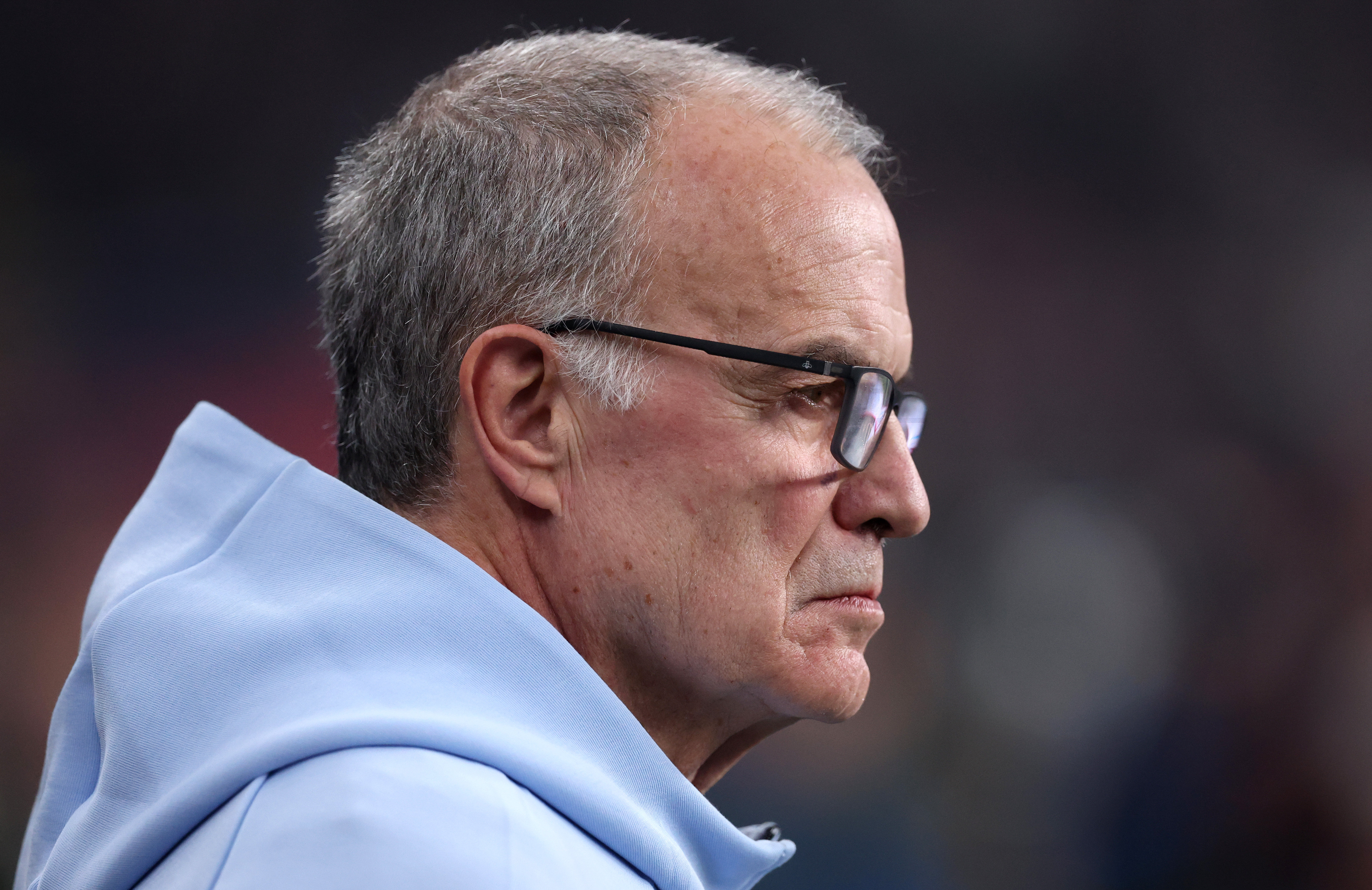 LONDON, ENGLAND - MARCH 27: Marcelo Bielsa, Head Coach of Uruguay, looks on prior to the international friendly match between England and Uruguay at Wembley Stadium on March 27, 2026 in London, England. (Photo by Julian Finney/Getty Images)